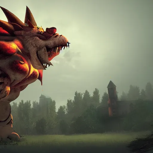 Prompt: gigantic bowser roaring into the sky, silent Hill, ruined kingdom, horror, cryengine