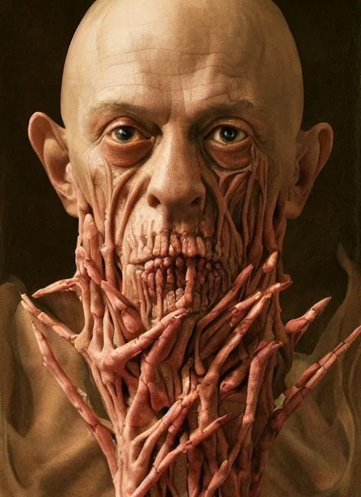 Prompt: portrait of Aleister Crowley with translucent skin, visible muscles and veins and arteries and bones and spines and nerves, beautiful detailed intricate insanely detailed octane render, 8k artistic photography, photorealistic, chiaroscuro, by David Cronenberg, Raphael, Caravaggio