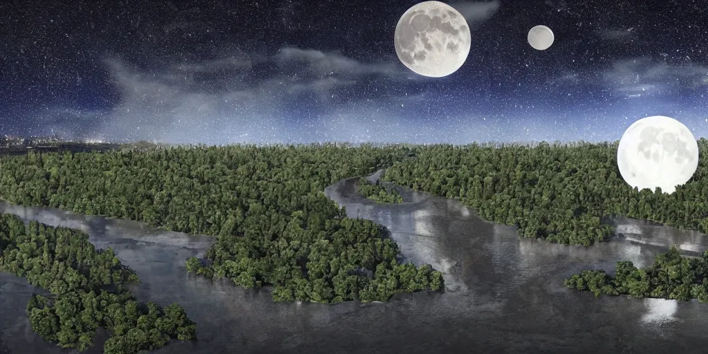 Image similar to a city on the moon with trees. river in the foreground. ocean in on the right. half lit earth in the sky from moon. moon mountains in the background