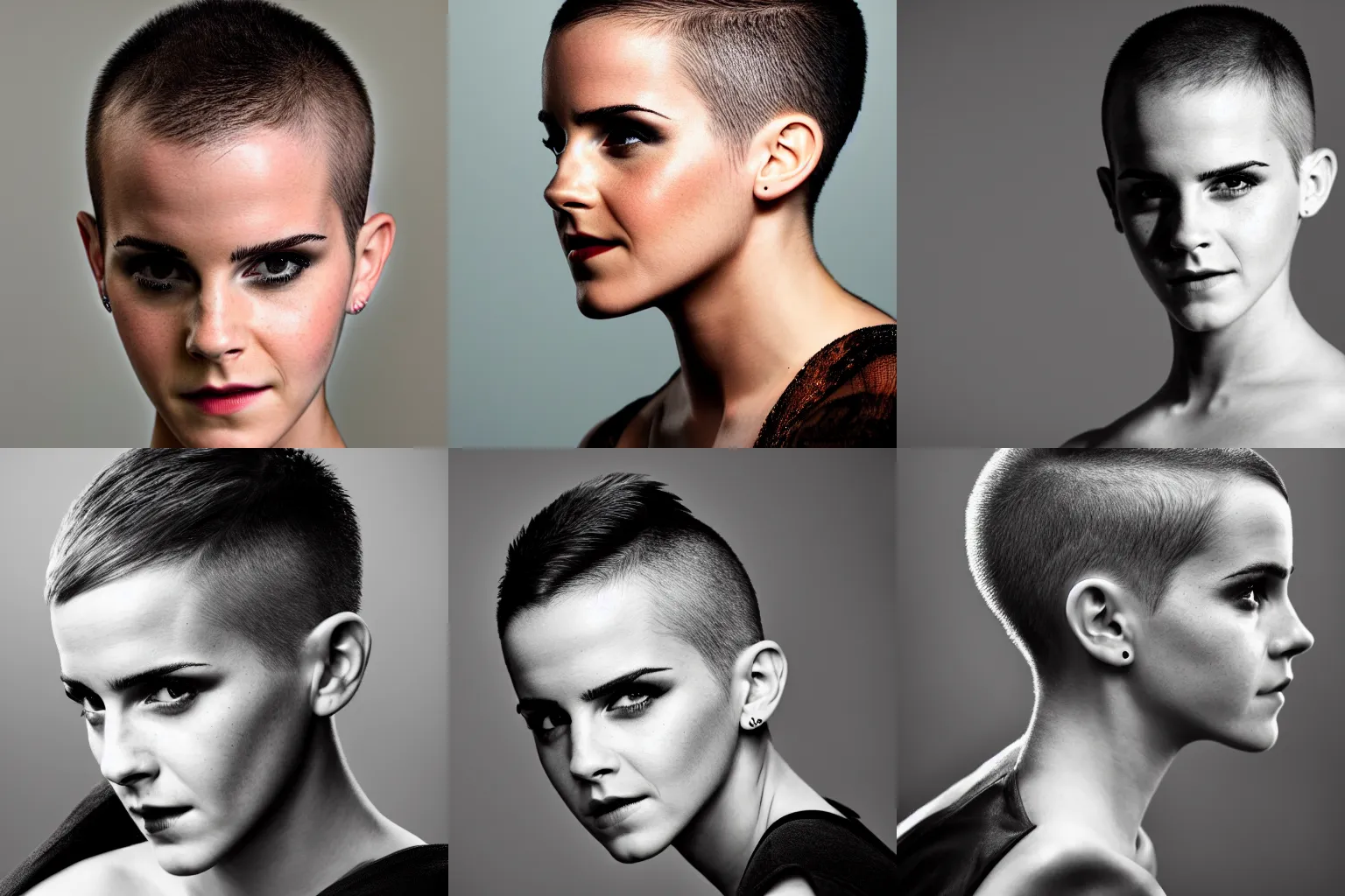 Prompt: Shaved head mohawk hairstyle, Emma Watson with a mohawk hairstyle, headshot, 200mm, canon, f5.6