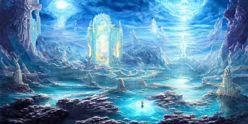 Image similar to aggressive goddess, crystal clear atlantis architectural marvels, crisp realistic fantasy art painting