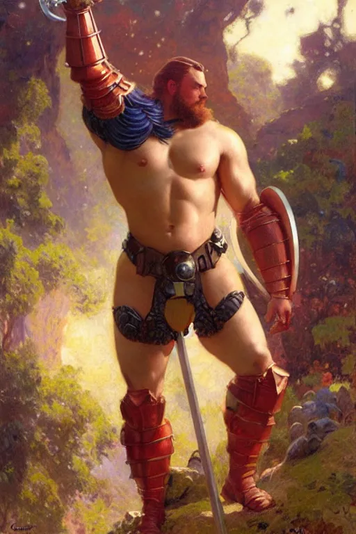 Image similar to attractive beefy male with armor, character design, colorful, cryptid academia, painting by gaston bussiere, craig mullins, j. c. leyendecker, tom of finland