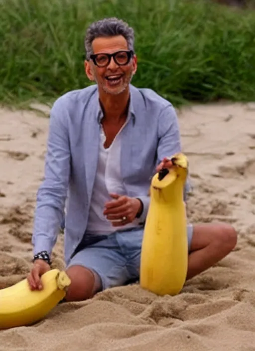 Image similar to jeff goldblum as a banana on the sand of a beach