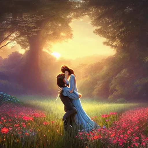 Image similar to long distance shot of a young couple hugging each other in a flower field at sundown, D&D, fantasy, intricate, elegant, highly detailed, digital painting, artstation, concept art, matte, sharp focus, illustration, hearthstone, art by Artgerm and Greg Rutkowski and Alphonse Mucha