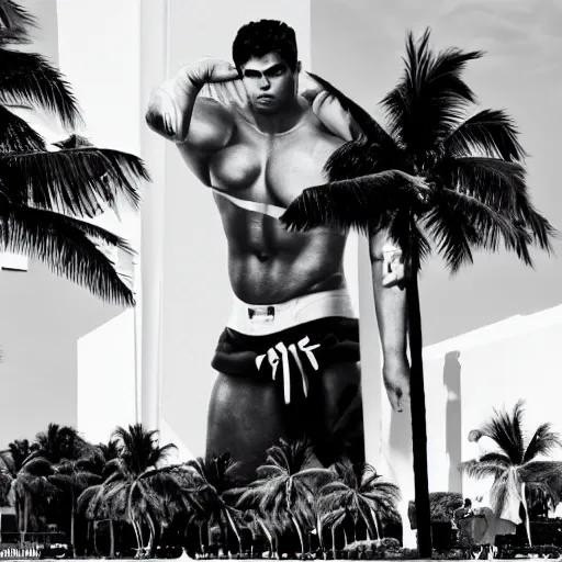 Prompt: Miami being invaded by gigantic fat Zac Efron, black and white picture, realistic, people screaming