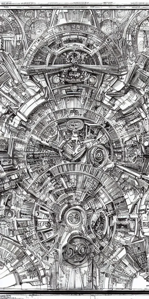 Image similar to very technical and detailed blueprint of a Starship, Center Frame, intricate details, ultra-detailed, baroque style, illustration, desaturated, concept art, Battletech,sci-fi, Star Wars cross section of mechanical elements , sepia tone , with highly detailed blueprints, marker concept art style rendering