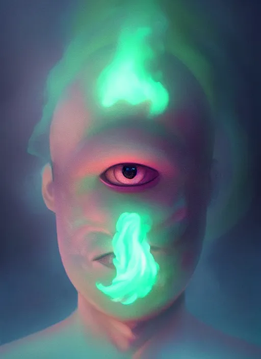 Prompt: an ethereal, misty portrait of a minion whose face is accented with neon - toned glowing eyeliner. the makeup floats off his face and joins swirling clouds of smoke and fog, becoming an aurora. muted tones. surreal portrait, cinematic lighting, 8 k, smooth, sharp focus, digital painting, rendered in octane, painted by tom bagshaw, artgerm