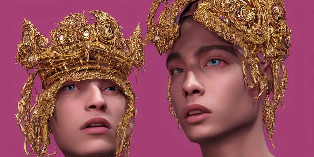 Image similar to dramatic studio portrait of a beautiful flawless symmetrical man wearing intricate otherworldly gold and white jewelry and wearing an ornate elegant pink headdress, hyper realism, very detailed, featured on zbrush central, rendered in cinema 4 d, minimalism, abstract art, f / 2. 8