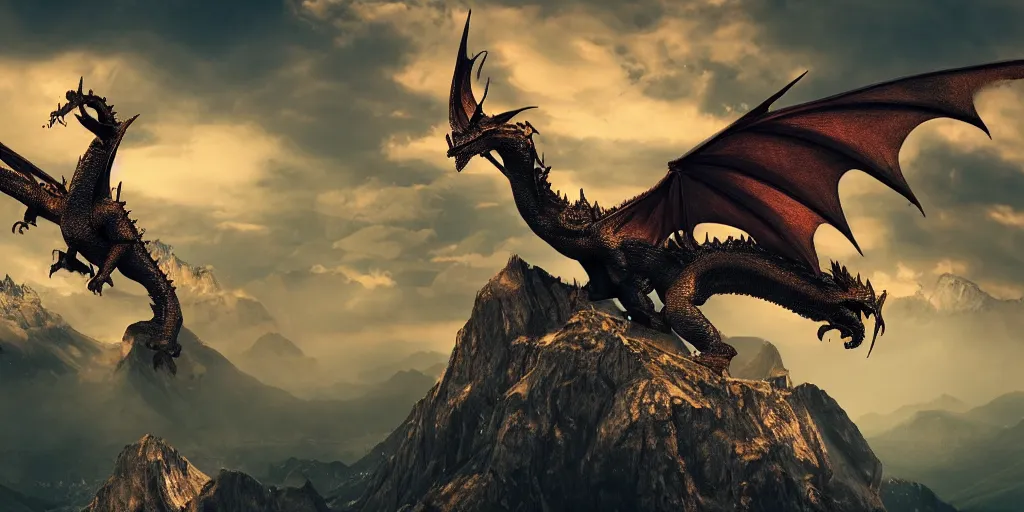 Image similar to One dragon with half open wings on the top of a mountain, epic composition, detailed and intricate image, cinematic, 4K