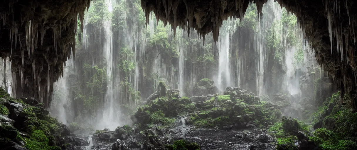 Image similar to a fantasy elven hall interior in the style of a waterfall cave, huge Greek columns, wet floors, high ceiling, dark moody lighting, foggy atmosphere, bright colors, photo by Denis Villeneuve, low angle view