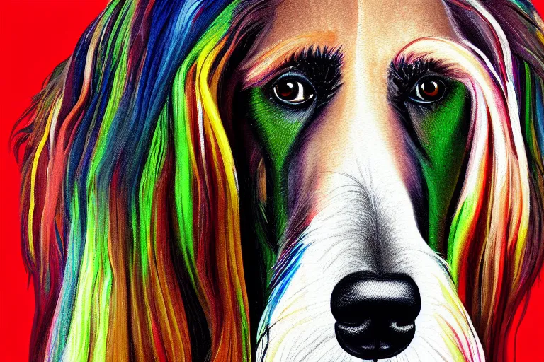 Prompt: a painting of a afghan hound portrait, in the style of artur bordalo, digital art, muted colors