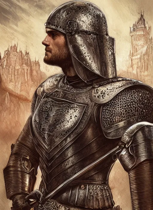 Prompt: Henry Cavill as a medieval Knight, beautiful detailed eyes, cute, fantasy, intricate, elegant, highly detailed, digital painting, 4k, HDR, concept art, detailed jewelry, smooth, sharp focus, illustration, art by Artgerm, H R Giger and Alphonse Mucha