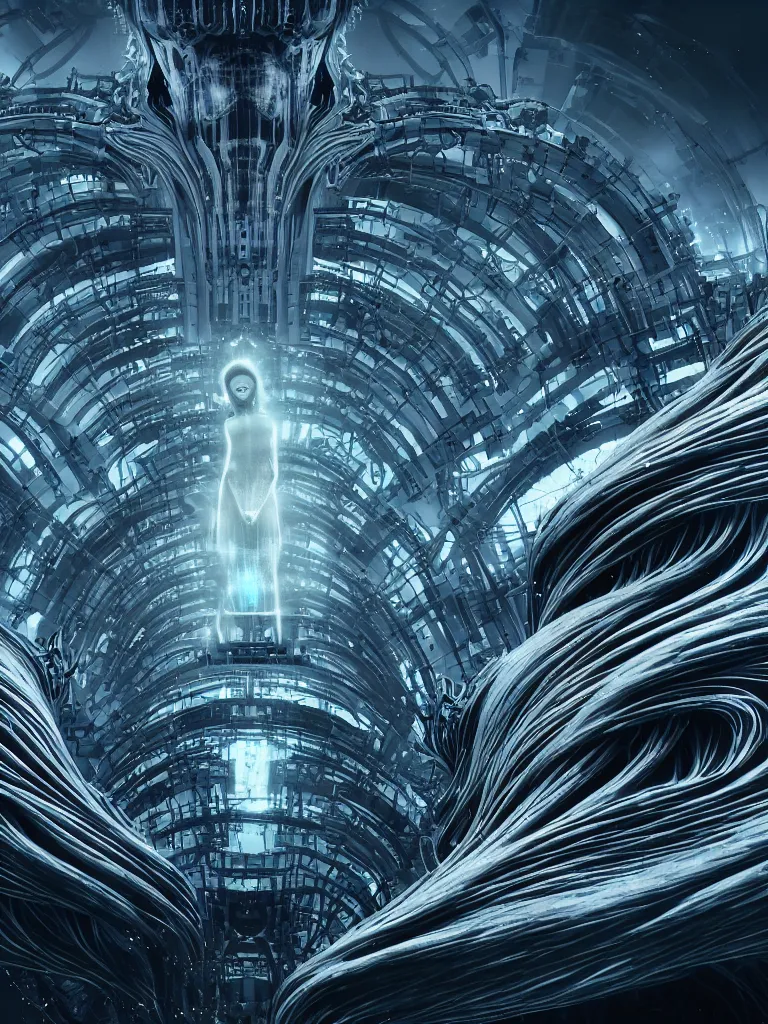 Image similar to ai biomech, ethereal machine, quantum physics, angelic and unsettling, wires, veins, ferrofluid, bismuth, style blend of hideo kojima, shojo manga, and botticelli, in a city resembling the vatican, neo - andean architecture and brutalism, tyndall effect, 4 k photorealistic, ultra fine inklines