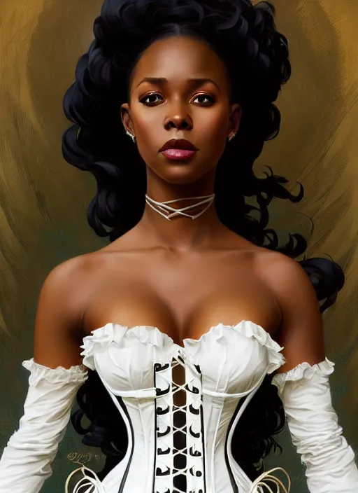 Image similar to cute black woman wearing a white corset dress, fantasy, intricate, highly detailed, digital painting, artstation, concept art, wallpaper, smooth, sharp focus, illustration, art by artgerm and greg rutkowski and alphonse mucha