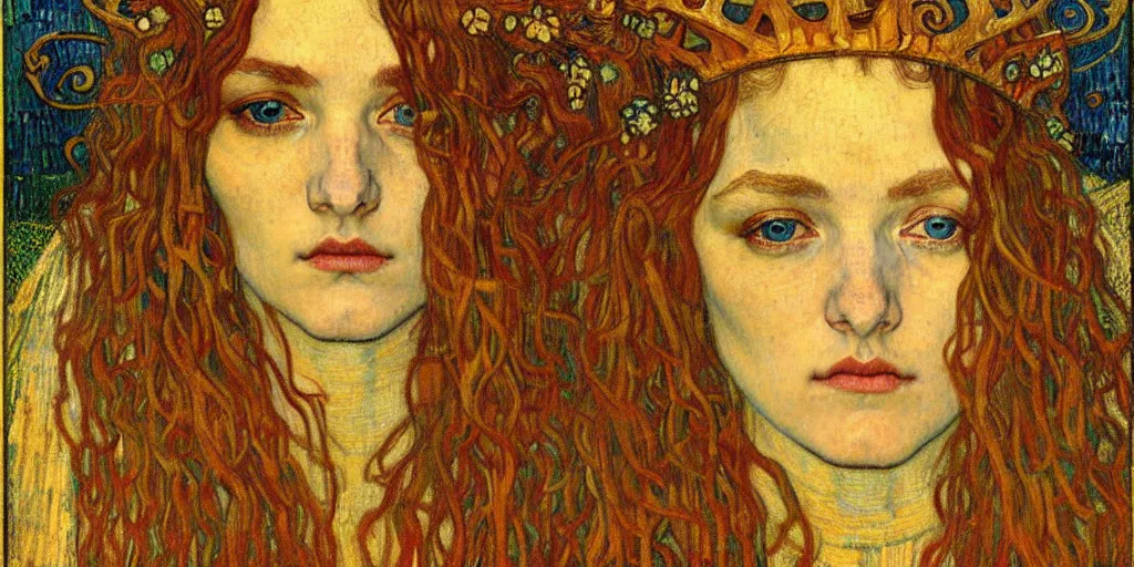 Image similar to detailed realistic beautiful young medieval queen face portrait by jean delville, gustav klimt and vincent van gogh, art nouveau, symbolist, visionary, gothic, pre - raphaelite, muted earthy colors, desaturated