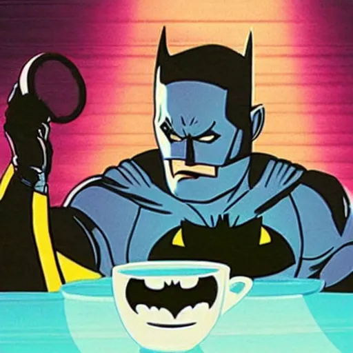 Prompt: movie still of batman drinking tea, vaporwave