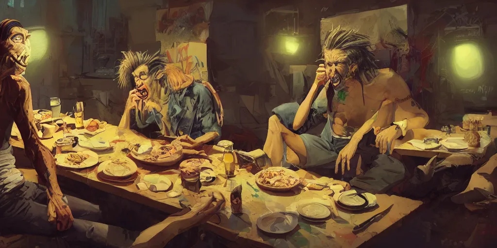 Image similar to cartoonish iggy pop eating dinner with tom waits, vivid colors, character sheet, fine details, concept design, contrast, kim jung gi, greg rutkowski, trending on artstation, 8 k, full body, turnaround, front view, back view, ultra wide angle