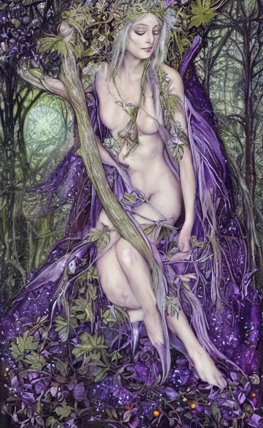 Prompt: fey queen of the summer forest, dress of leaves, fine features, thin, young, silver shimmering hair, by brian froud, stars, night colors, night, purple blue black, oil on canvas, oil panting