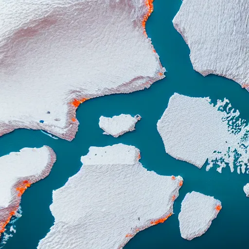 Prompt: top down view of map of iceland made out of ice, highly detailed, surrounded by ocean made out of hot orange lava, realistic