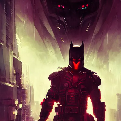 Prompt: cyberpunk batman with fullface mask, red bat logo, full shot, moody, futuristic, city background, brush strokes, oil painting, greg rutkowski