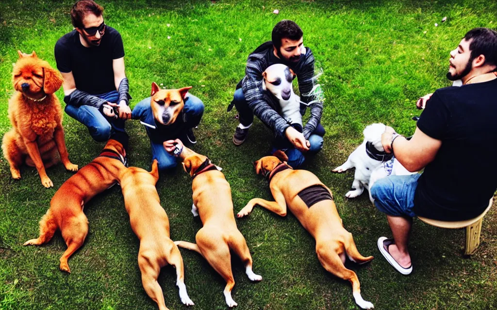 Prompt: group - of - humanoid - dog - friends - smoking - rolled - joint - outside photo
