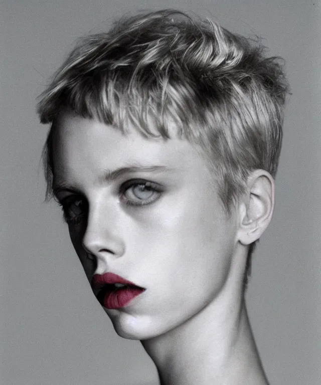 Image similar to a color photograph of edie campbell, bleached blonde short hair, by robert mapplethorpe, intense, bold, hyperrealistic, ultra sharp, extra details, ultra high quality, trending on pinteresst