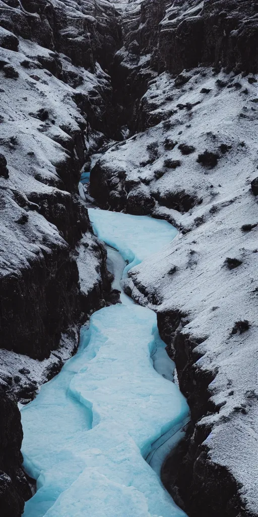 Image similar to dream looking through a hyper realistic photograph of a ice covered canyon, minimal structure, futurists landscape, misty, icelandic valley, small stream over black rock, small waterfall, fibonacci, timed exposure, in the style of reuben wu, roger deakins