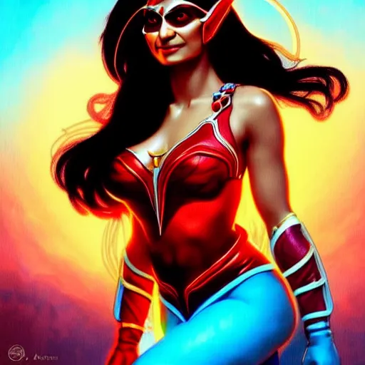 Image similar to mia khalifa as darna, wax figure, glowing eyes, volumetric lights, red and cyan theme, art nouveau botanicals, intricate, highly detailed, digital painting, artstation, concept art, smooth, sharp focus, cinematic, illustration, beautiful face, art by artgerm and greg rutkowski and alphonse mucha