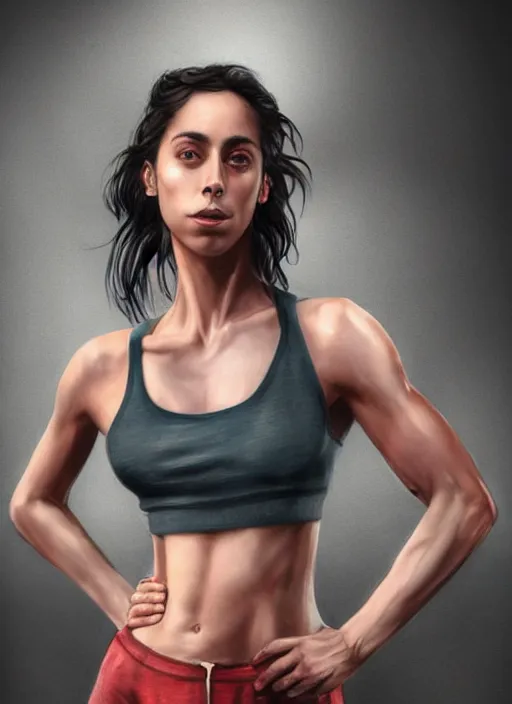Image similar to full length photo of a very sweaty Oona Chaplin in a wet tanktop in the style of stefan kostic, full extremely slim body, not realistic, sharp focus, 8k high definition, insanely detailed, intricate, elegant, art by stanley lau and artgerm
