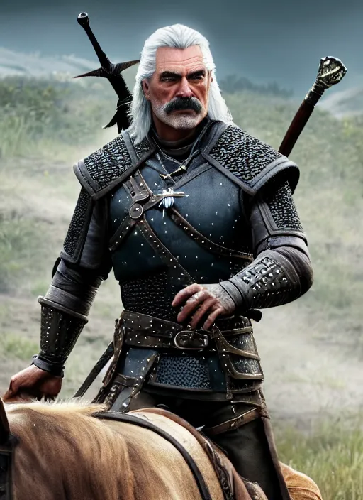 Image similar to film still of tom selleck as geralt of rivia in the witcher 3, gameplay, 8 k, hd