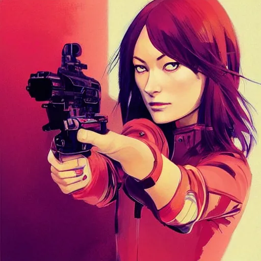 Prompt: olivia wilde holding a blaster, very very anime!!!, fine - face, realistic shaded perfect face, fine details. anime. realistic shaded lighting poster by ilya kuvshinov katsuhiro otomo ghost - in - the - shell, magali villeneuve, artgerm, jeremy lipkin and michael garmash and rob rey