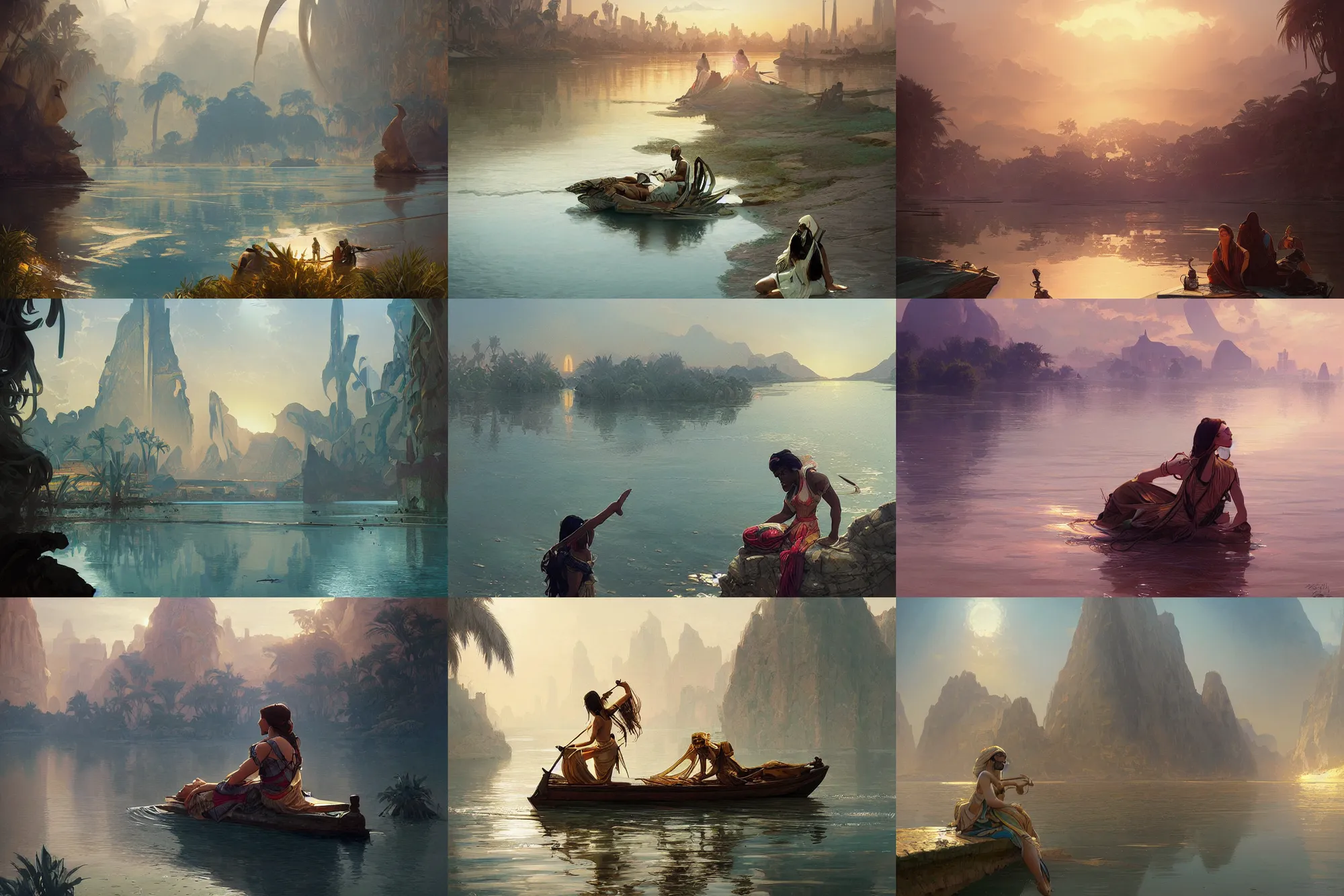 Prompt: nile river, highly detailed, digital painting, artstation, concept art, sharp focus, illustration, art by artgerm and greg rutkowski and alphonse mucha