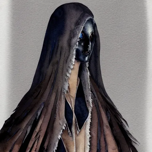 Image similar to full body detailed watercolor illustration of alien anya taylor - joy mixed with jennifer connelly, unsettling, hooded long black feathered cloak, uncanny valley, with black feathers instead of hair, gothic, reading a book, guillermo del toro, gray mottled skin, pale and sickly, profile view, - - ar 9 : 1 6