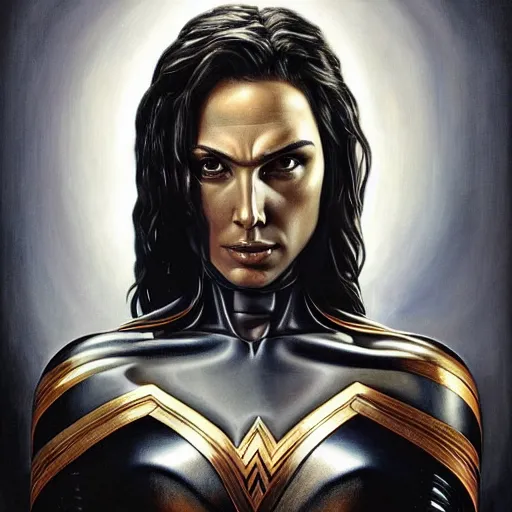 Image similar to a striking hyper real painting of Gal Gadot by H.R. Giger.