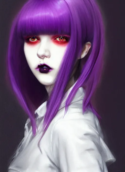 Image similar to portrait of white teenage girl, normal face, white bangs, mall goth, cyberlox, black and white hair, bangs, fluffy bangs, red contact lenses, purple lipstick, intricate, elegant, highly detailed, digital painting, artstation, concept art, sharp focus, smooth, illustration, art by wlop, mars ravelo and greg rutkowski