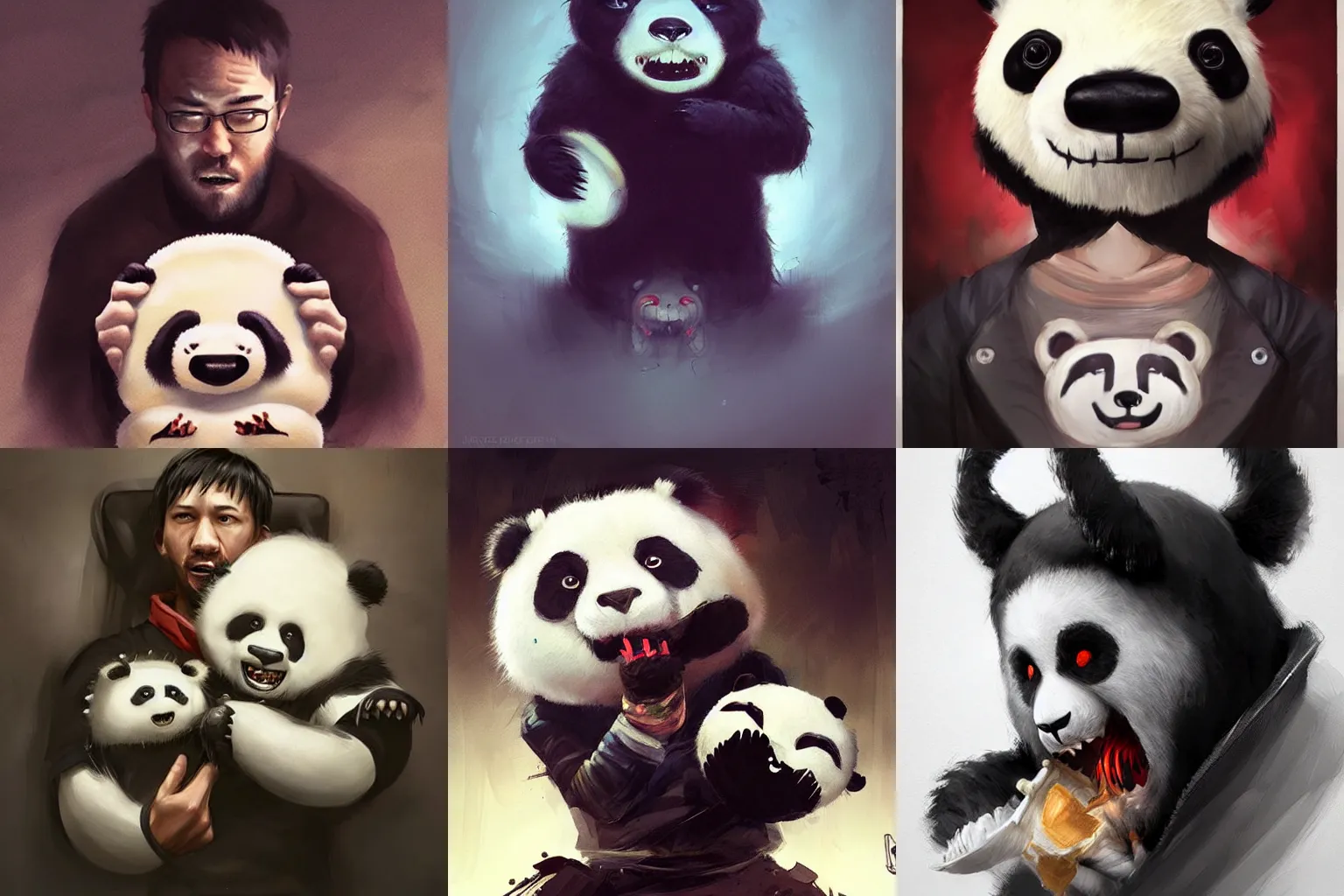 Prompt: portrait of a scary man eating monstrous stuffed toy panda, digital painting by ross tran, greg rutkowski, artgerm
