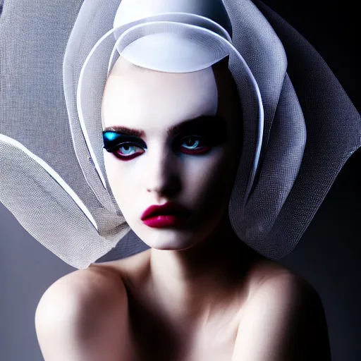 Image similar to high fashion photography of a model in neo futurism white sci - fi makup, a huge white snail on her head, transparent cloth, beautifully lit