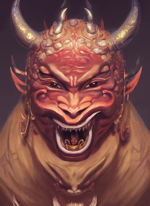 Image similar to a beautiful detailed oil on copper art illustration of a oni hannya mask shogun bear devil woman, centered, by charlie bowater, zeng fanzh, trending on artstation, dim dusk lighting, cinematic lighting, detailed lighting, volumetric lighting, realistic, f 8, 4 k hd wallpaper