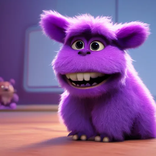 Image similar to a purple fluffy monster, adorable and cute, pixar, octane render, 4k