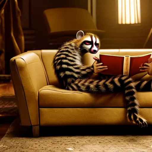 Prompt: A scene from a 2022 Marvel film featuring a humanoid genet reading on a couch. An anthropomorphic genet. 8K UHD.