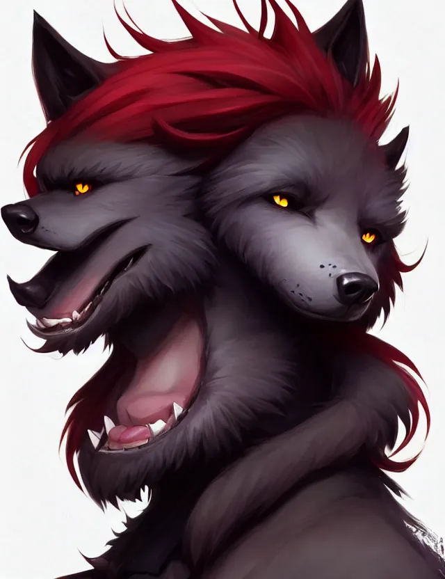 Image similar to character concept art of a black anthropomorphic male furry wolf long red hair | | cute - fine - face, pretty face, key visual, realistic shaded perfect face, fine details by stanley artgerm lau, wlop, rossdraws, james jean, andrei riabovitchev, marc simonetti, and sakimichan, trending on artstation