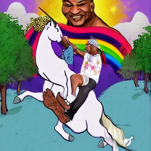 Image similar to mike tyson riding a unicorn