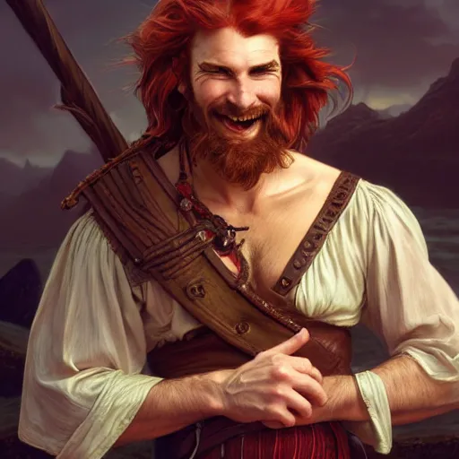 Image similar to portrait of a young ruggedly handsome but joyful pirate, male, masculine, upper body, crimson hair, long hair, d & d, fantasy, giddy smirk, intricate, elegant, highly detailed, digital painting, artstation, concept art, matte, sharp focus, illustration, art by artgerm and greg rutkowski and alphonse mucha