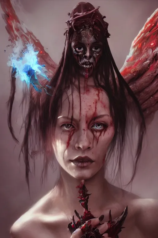 Image similar to face closeup of beautiful girl necromancer, witch - doctor covered in blood, fallen angel, diablo, 3 d render, hyper - realistic detailed portrait, holding fire and electricity, ruan jia, wlop. scifi, fantasy, magic the gathering, hyper detailed, octane render, concept art, peter mohrbacher