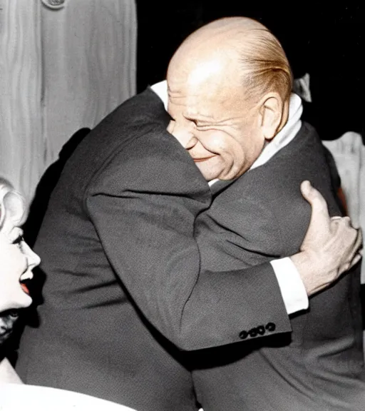 Image similar to Don Rickles hugging marlin monroe, color photo,