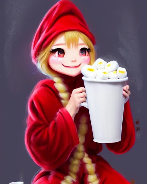 Image similar to concept art of a marshmellow creature girl, holding a cup of hot cocoa, wearing a red robe sitting on a love seat infront of a fire place | | cute - fine - fine details by stanley artgerm lau, wlop, rossdraws, and sakimichan, trending on artstation, brush strokes