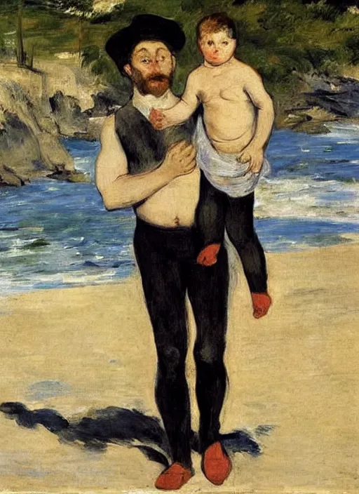 Prompt: a clothed man carrying his child over his shoulders walking near the beach, anatomically correct, painting by manet, masterpiece