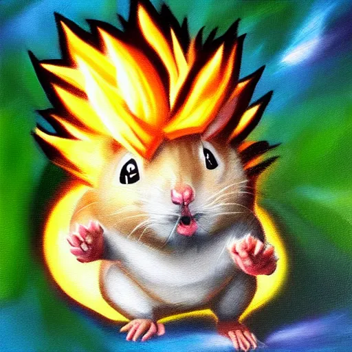 Image similar to hamster going super saiyan, oil painting