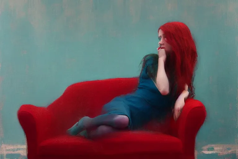 Prompt: girl, long red hair, white dress, on a red sofa, blue green colorscheme, desaturated colors, cinematic, jeremy lipking, casey baugh