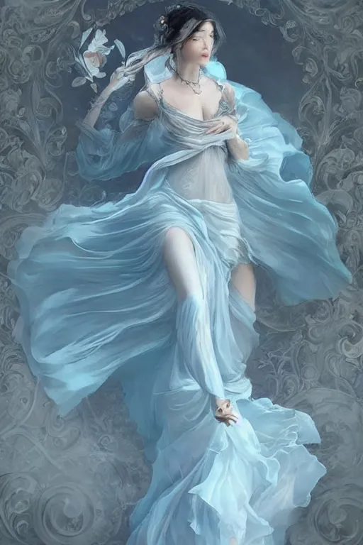 Image similar to beautiful!!! woman dressed in a vaporous wrapped large victorian pale blue roses silk semi-transparent dress fashion is running, fantasy, intricate, elegant, highly detailed, digital painting, trending on artstation, concept art, matte, sharp focus, illustration, art by Artgerm and Greg Rutkowski and Alphonse Mucha, instagram model